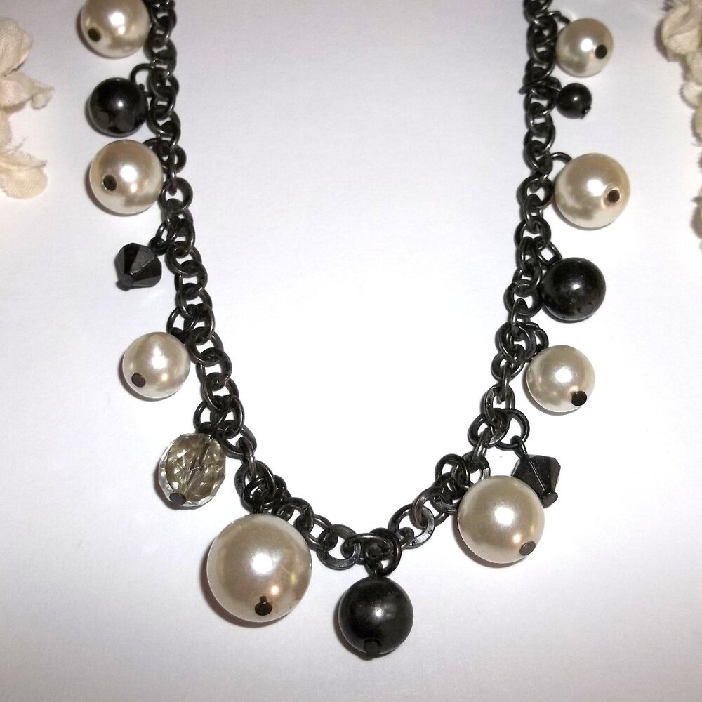 Long Beaded Necklace Dark Silver Gunmetal Chain White and Grey Faux Pearls D016